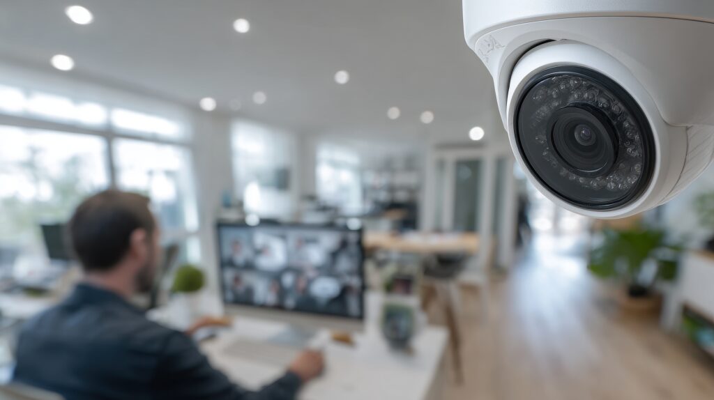 Close-up of a modern security camera monitoring an office setting